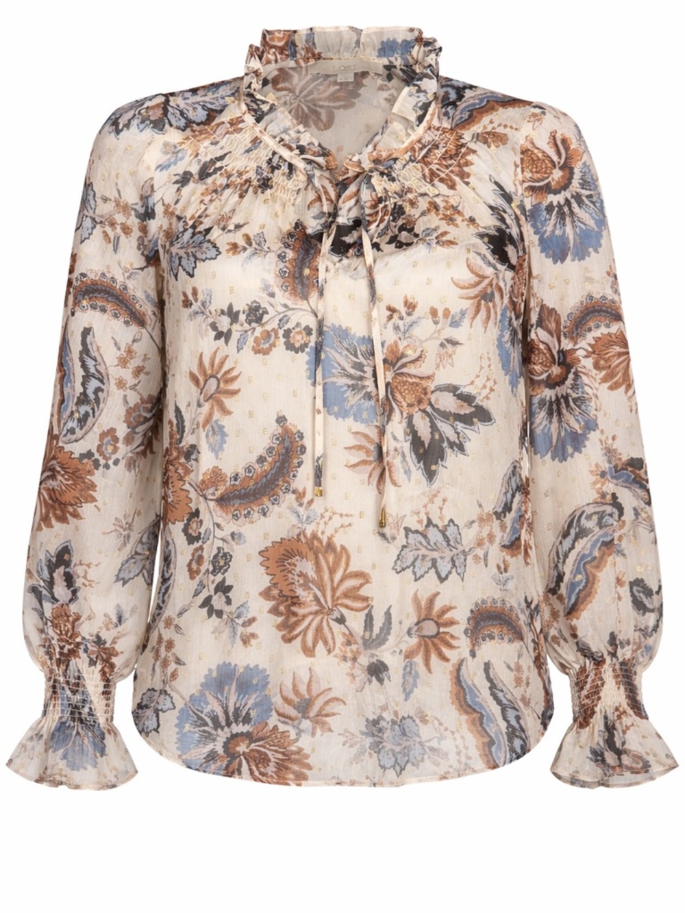 LOFT Cream Ruffled Tie-Neck Blouse with Blue & Brown Floral Print